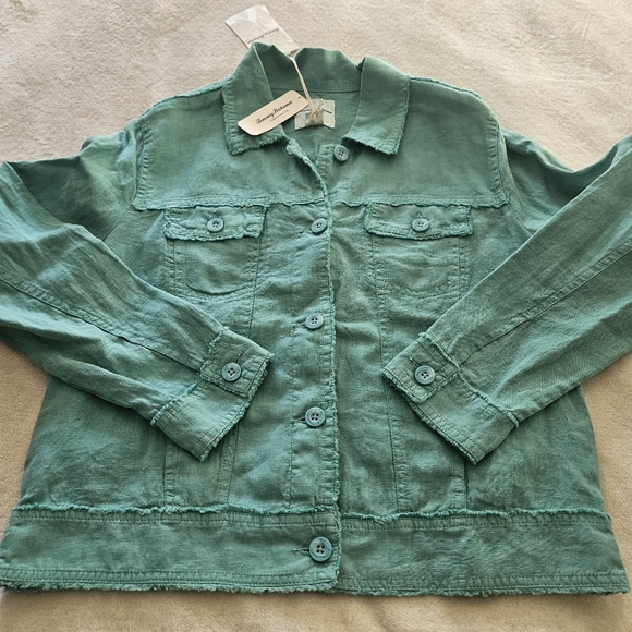 Tommy Bahama Linen Raw Edge Long Sleeve Button Front Jacket: Azul Marine (Teal) - Picture 4 of 14
